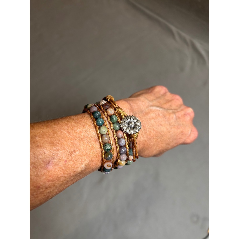 Boho Multi Stone Beaded Wrap Bracelet Gold Cord Silver Sunflower Toggle Closure - Picture 3 of 5